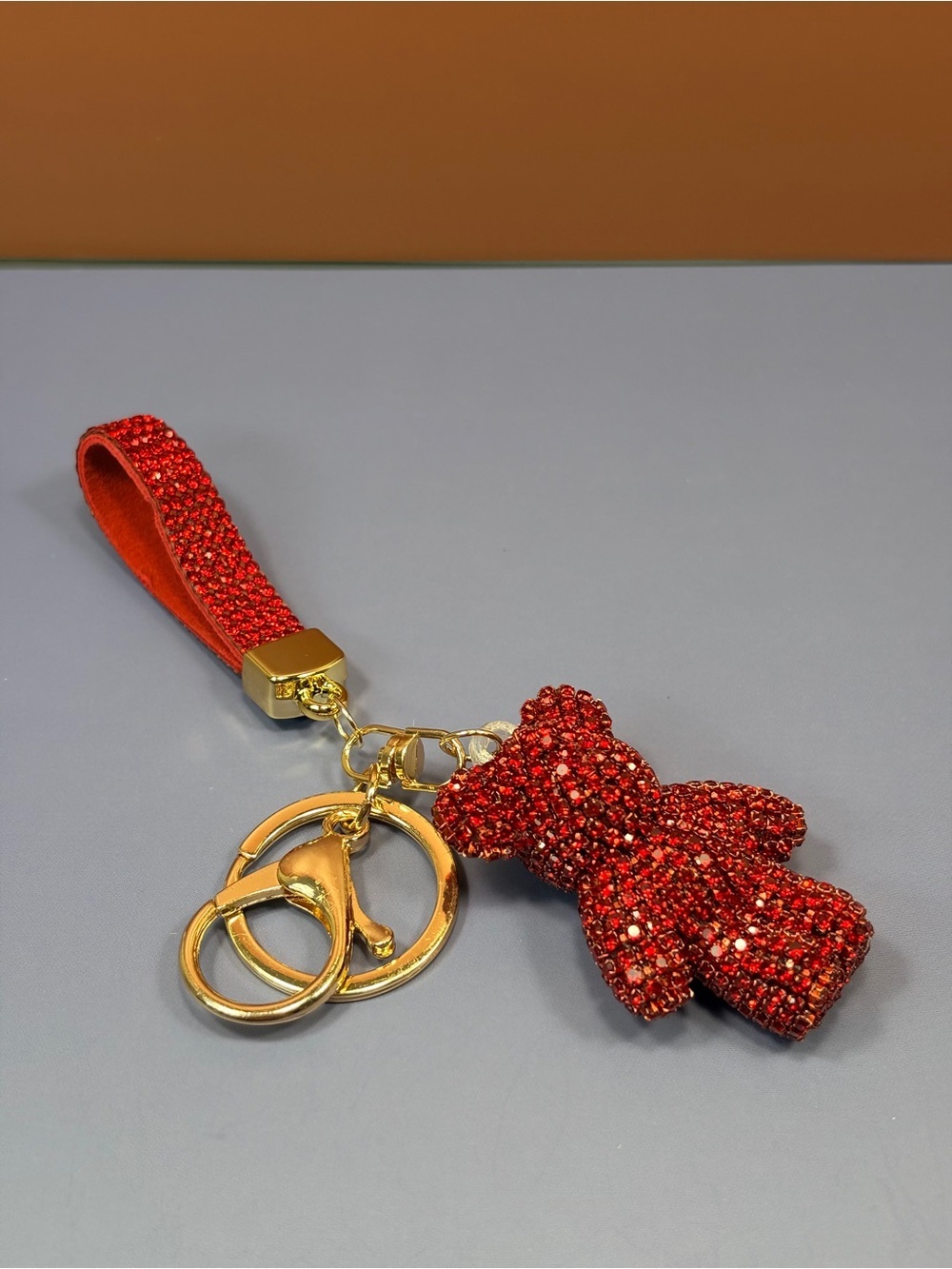 Dazzling Red Crystal Teddy Bear Keychain Wristlet - Picture 3 of 6